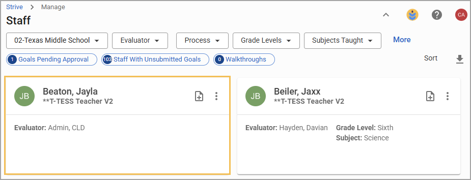 Staff list showing teachers and evaluators at Texas Middle School with details.